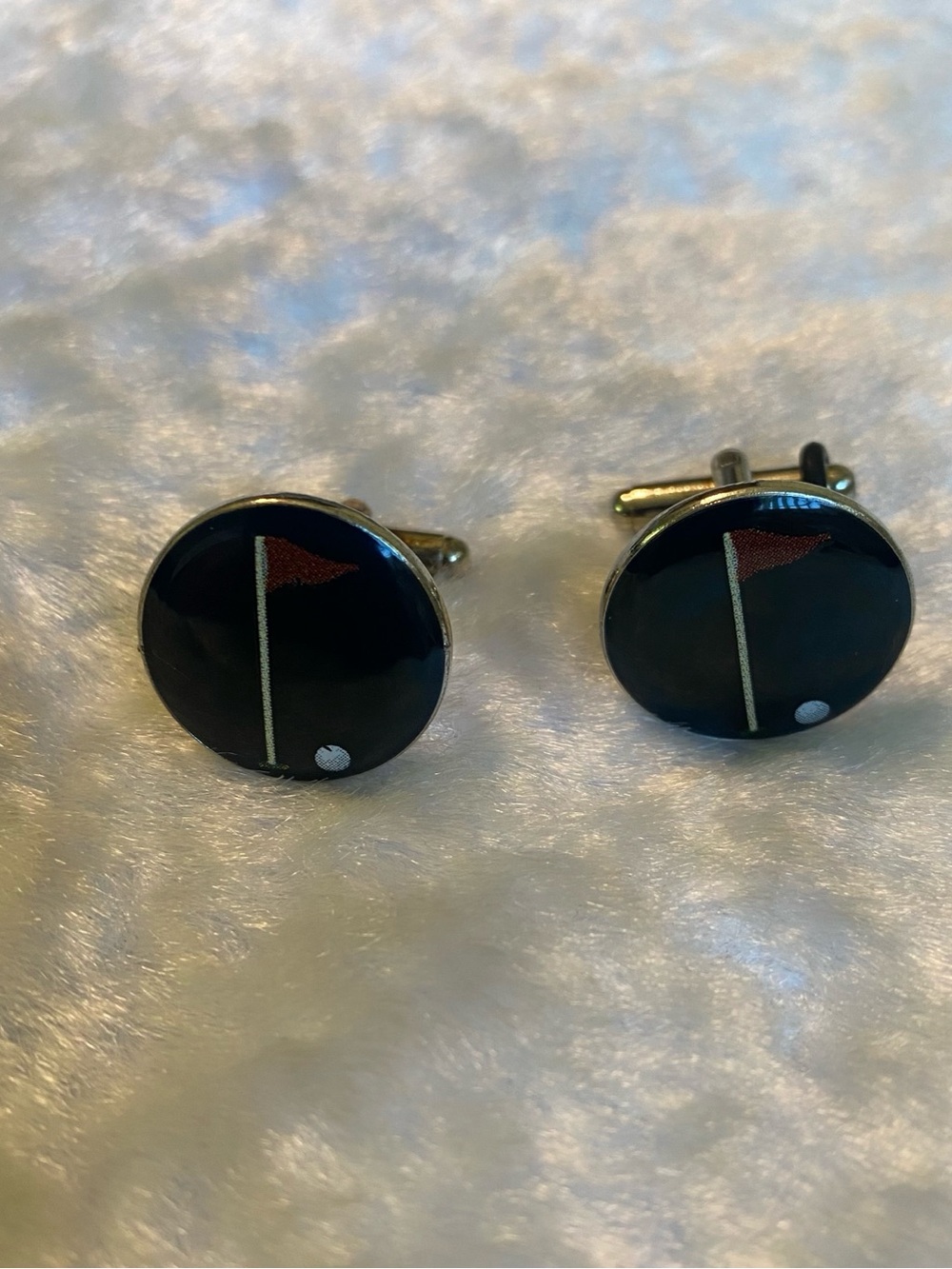 🍀VTG Black Golf Flag Cufflinks Classic Enamel Design